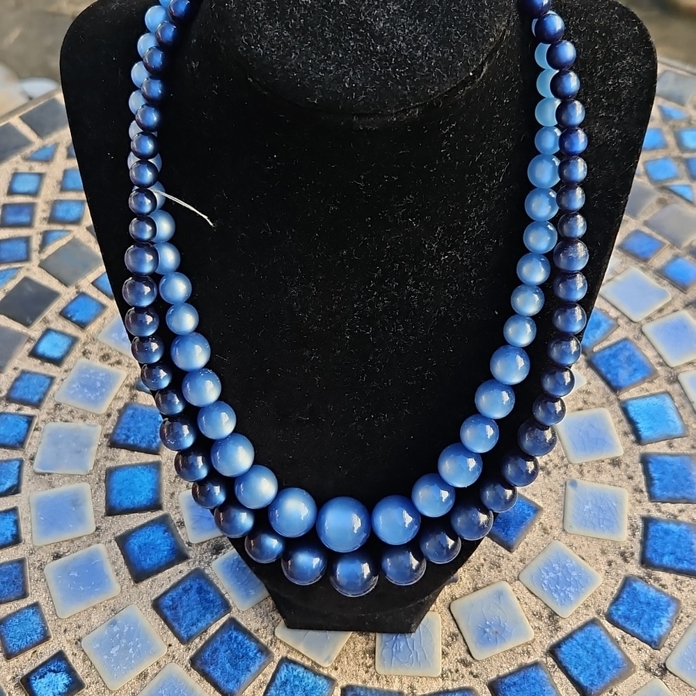 Vintage Light Blue Dark Blue Lucite Double Stranded Moon Glow Necklace